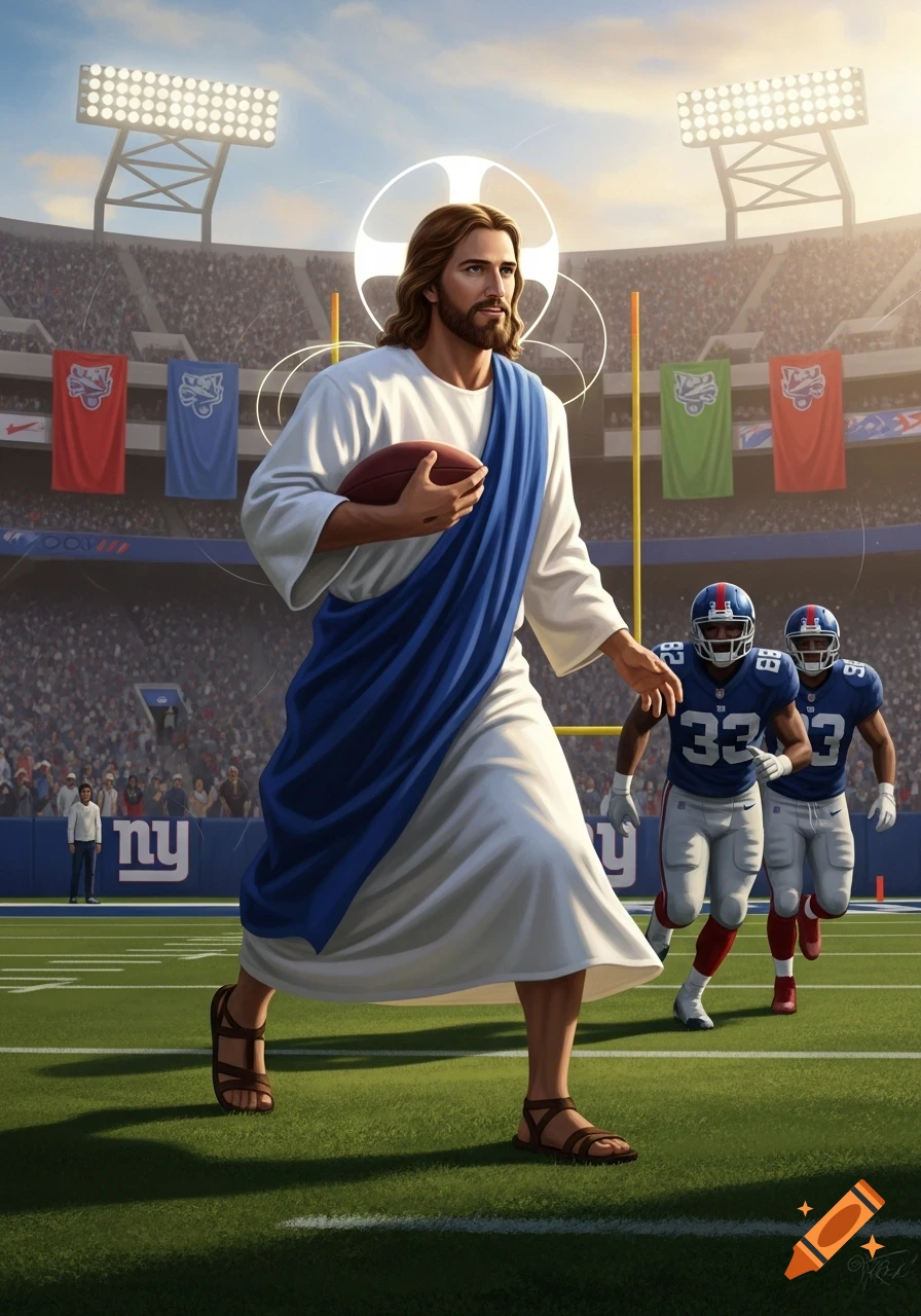 Jesus, wearing robes and sandals, carries a football on a stadium field with two players in blue jerseys behind him, under bright lights.