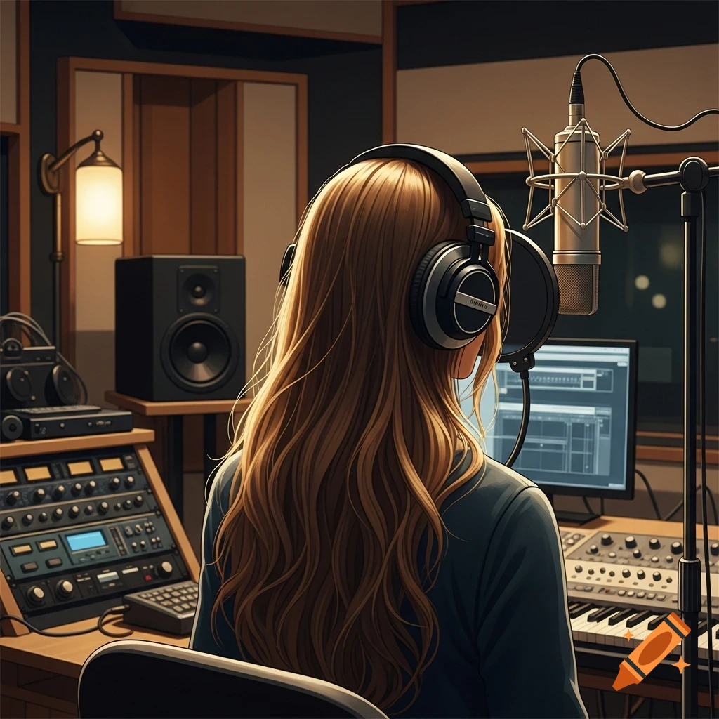 An anime-style image of a woman with long brown hair, wearing headphones and facing away, sitting in a recording studio with a microphone, monitor, and mixing console in front of her.