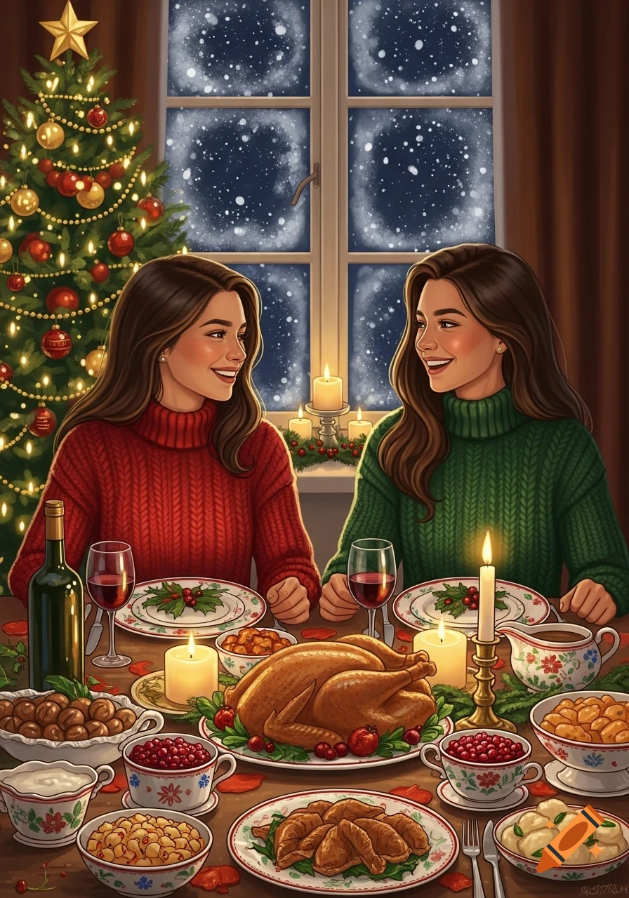 Two illustrated women in sweaters share a festive Christmas dinner next to a decorated tree and snowy window.