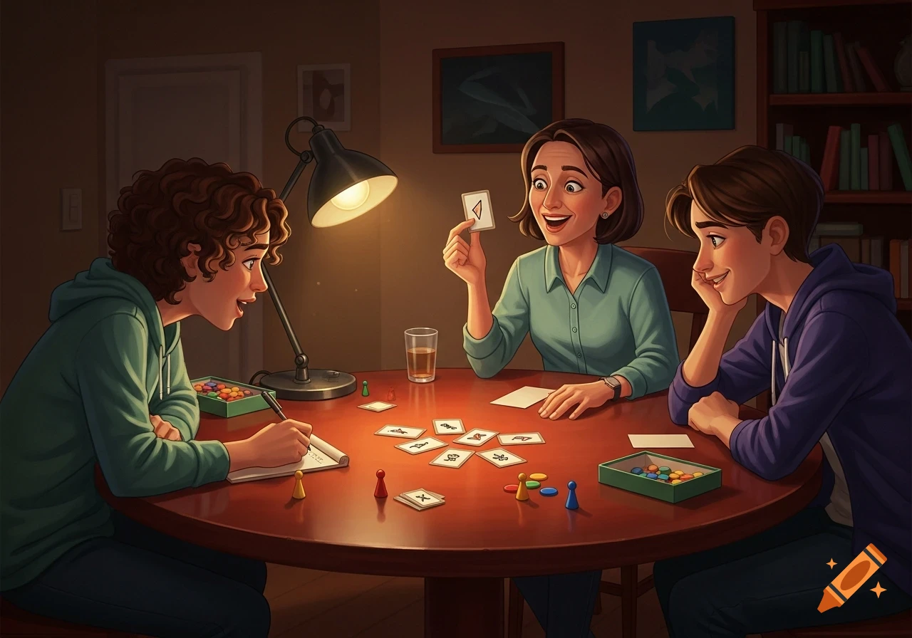 Three people, likely a family, are enthusiastically playing a card game around a glowing wooden table at night, illuminated by a desk lamp.