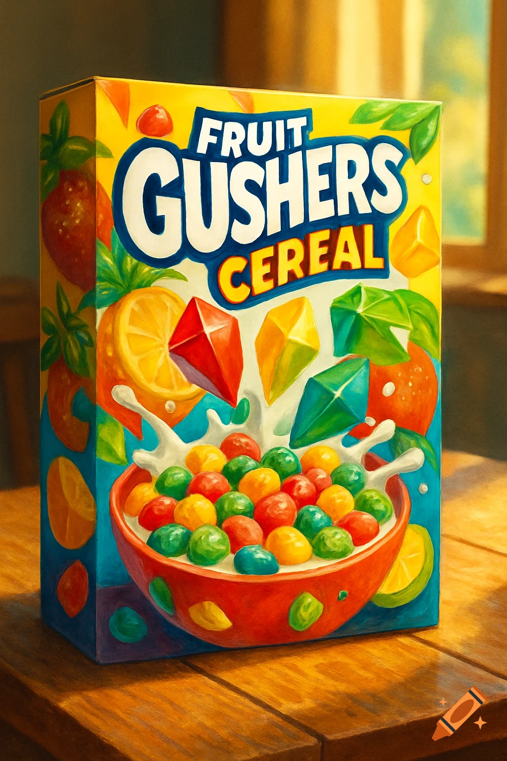 A colorful, stylized illustration of a 'Fruit Gushers Cereal' box on a wooden table, depicting a bowl of cereal and fruit.