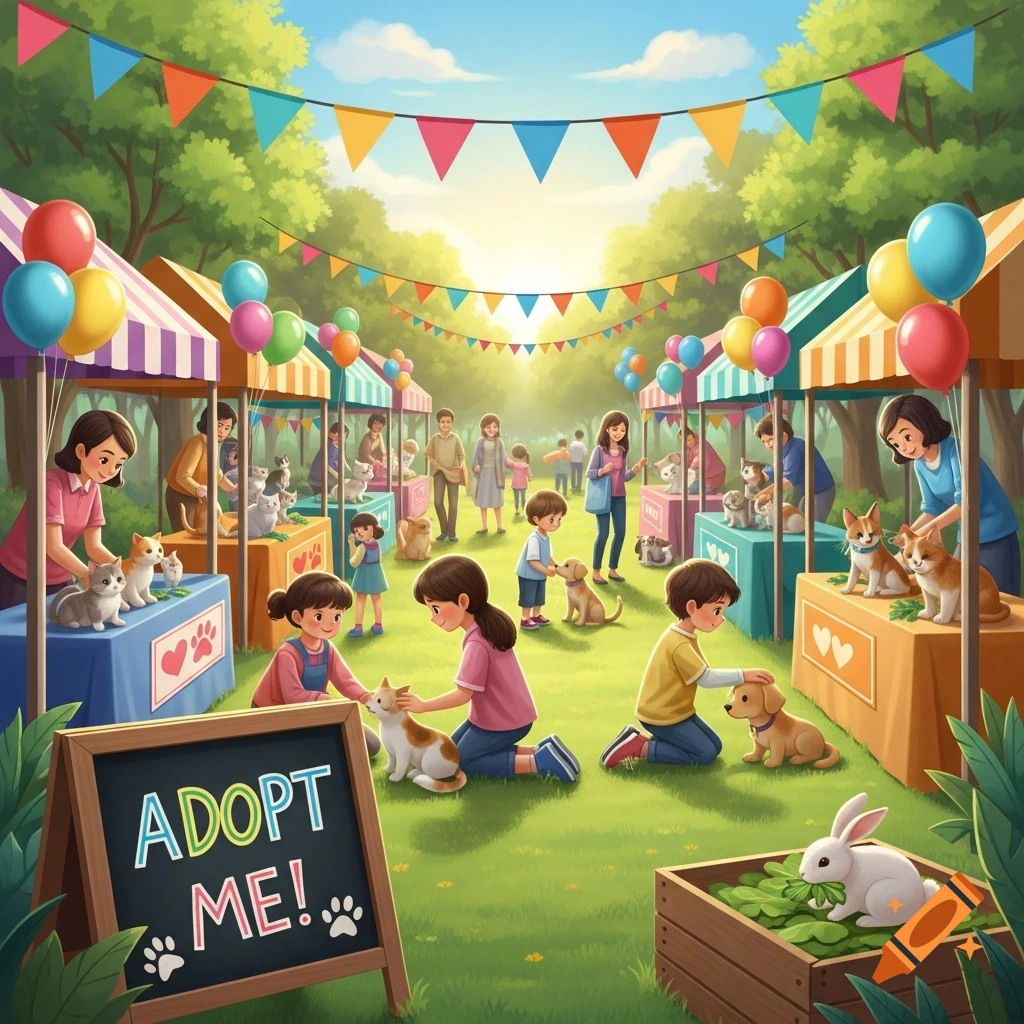 A cartoon illustration of a lively outdoor pet adoption fair in a sunny park, with people interacting with puppies and kittens at market stalls.