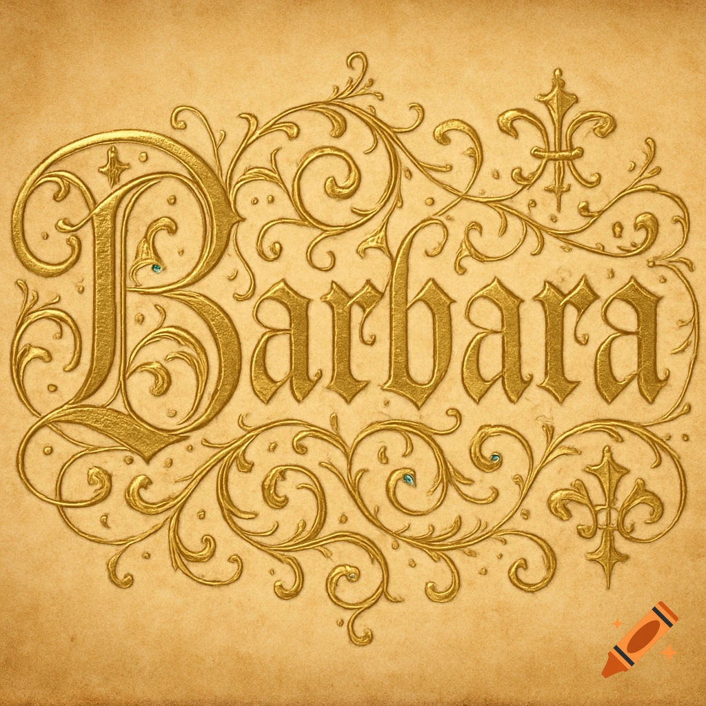 Golden, ornate calligraphy spells 'Barbara' on a parchment background, featuring intricate flourishes and small blue gems.