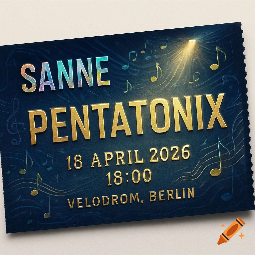 Dark blue concert ticket for Pentatonix featuring 'SANNE', '18 APRIL 2026', '18:00', 'VELODROM, BERLIN' in gold and iridescent text.