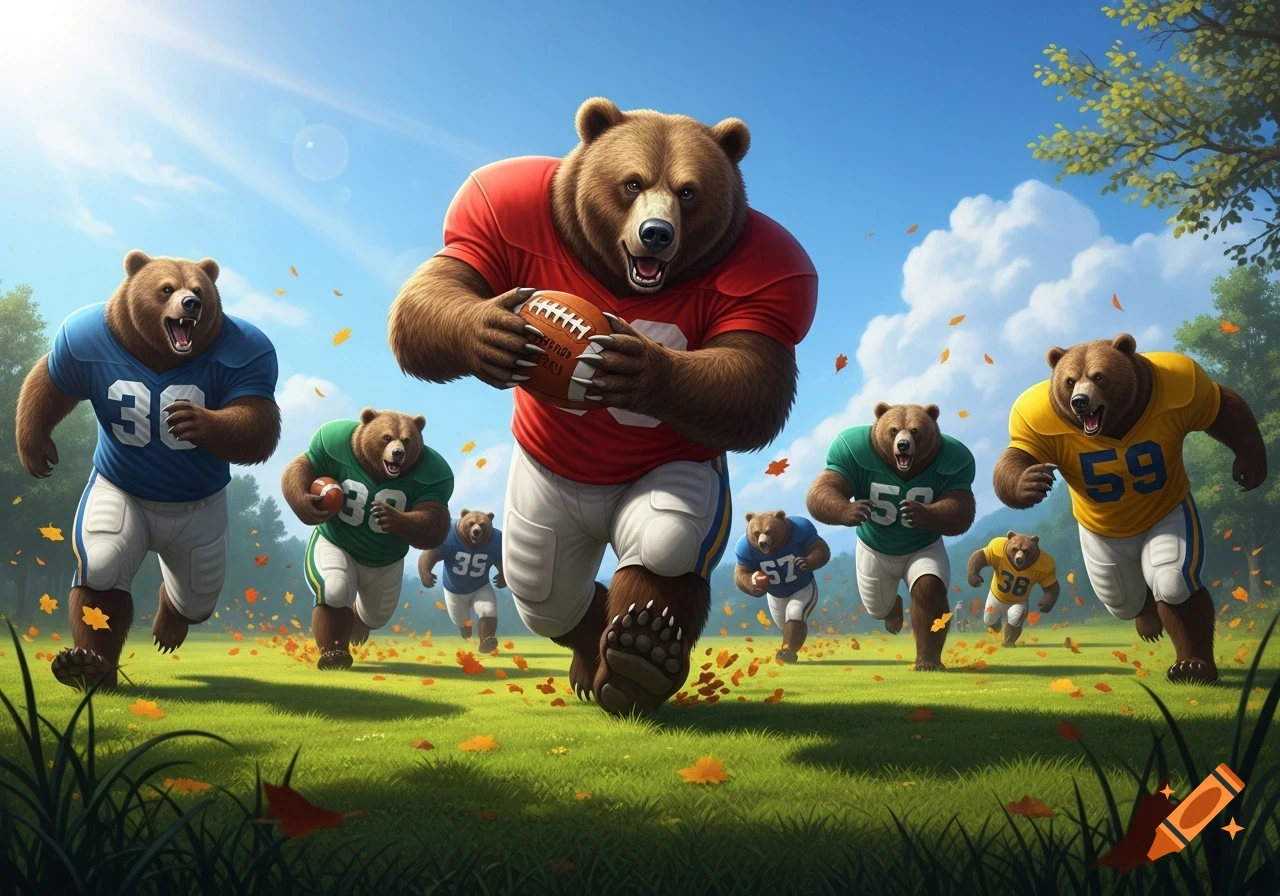 A team of muscular brown bears in football jerseys runs across a grassy field with a football, under a bright blue sky.