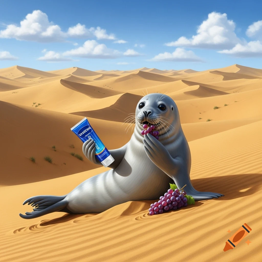 A photorealistic seal sits in a vast desert, holding a Vaseline tube and eating purple grapes.