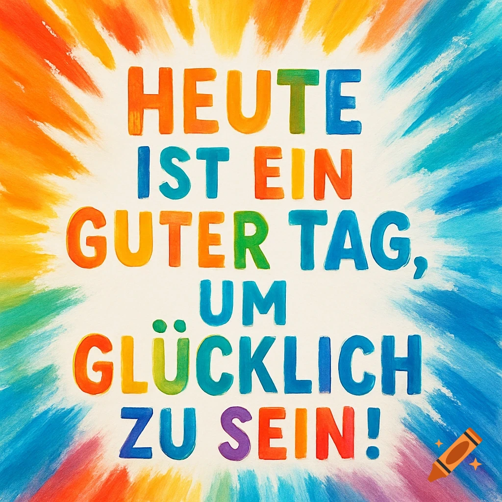 Colorful text 'Heute ist ein guter Tag, um glücklich zu sein!' on a white background with radiating rainbow brushstrokes.