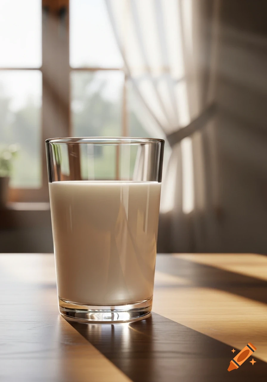 A glass of milk sits on a wooden table, illuminated by sunlight from a window with sheer curtains.