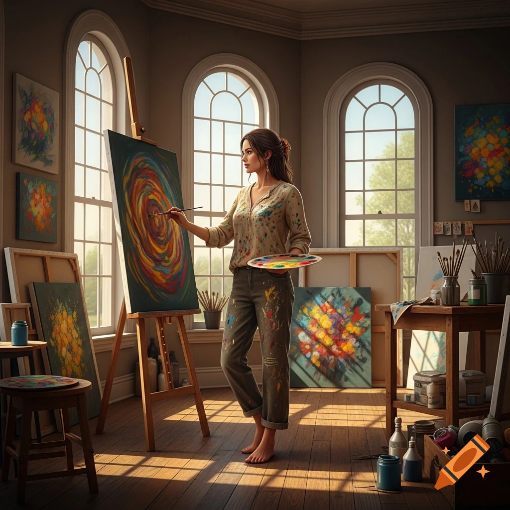 A photorealistic image of a woman artist painting a colorful abstract artwork on an easel in a sunlit studio with arched windows.