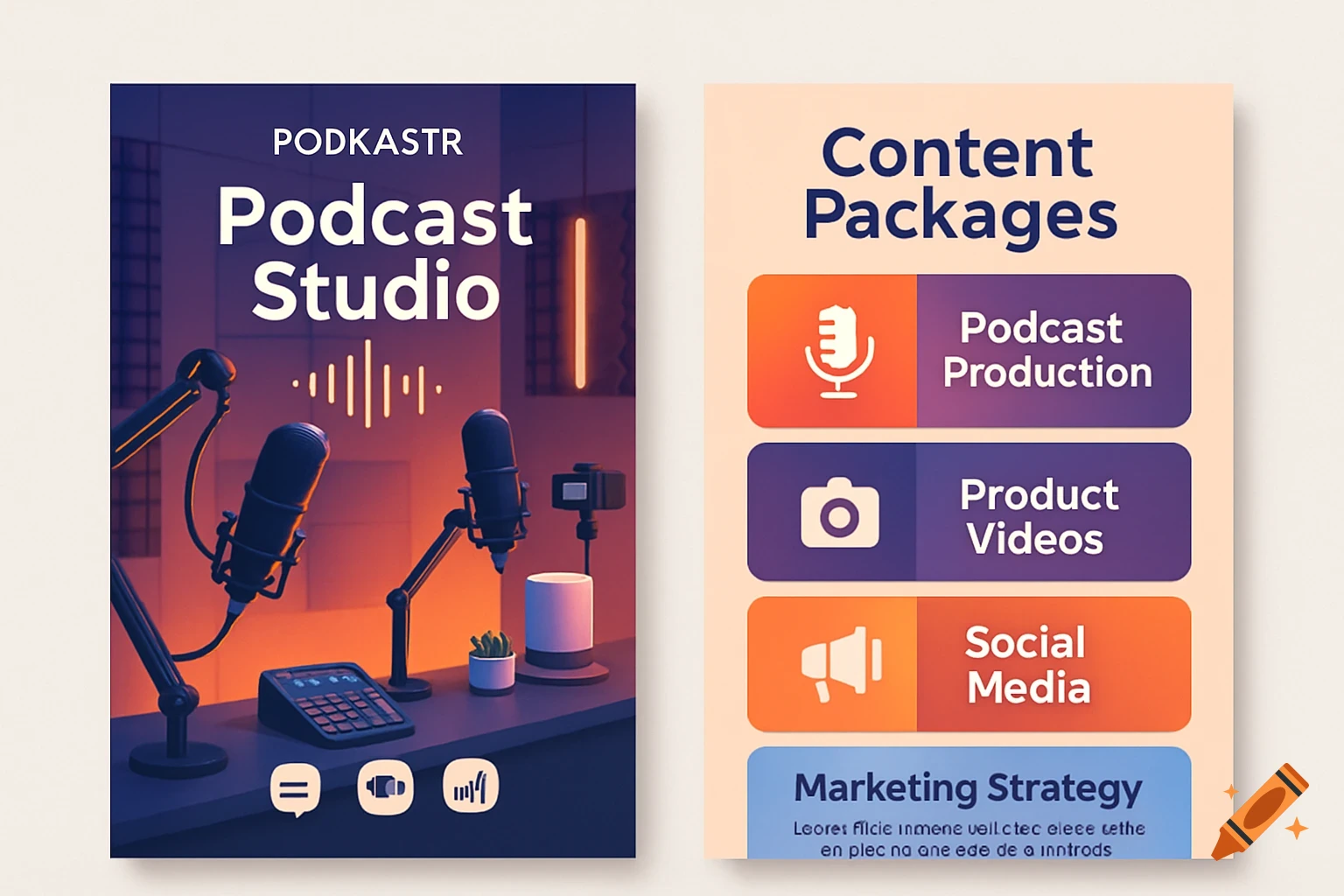 Two pamphlets: left shows a modern podcast studio with microphones and equipment; right lists content packages like podcast production, product videos, and social media.