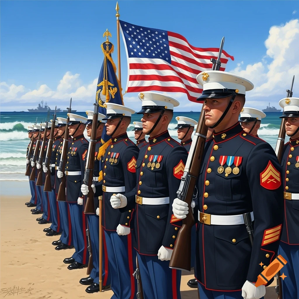 A line of U.S. Marine Corps soldiers in dress uniform stand at attention on a sandy beach, an American flag waving behind them.