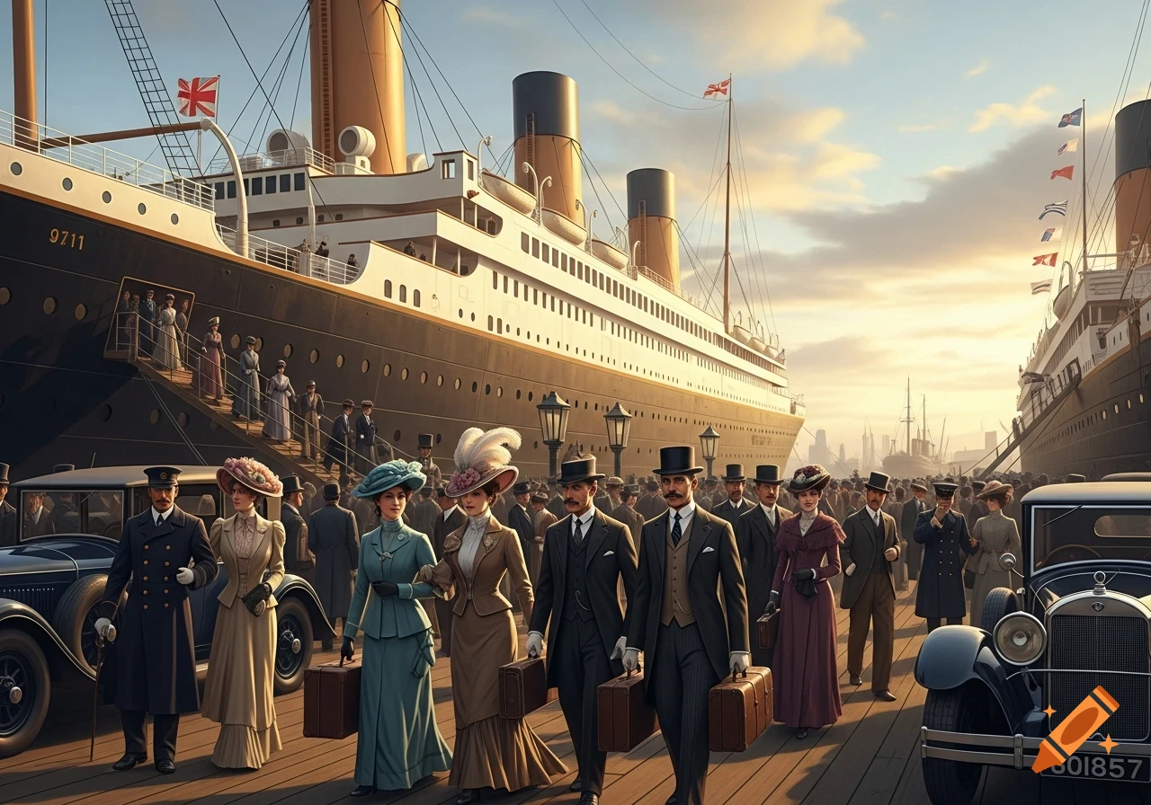 A bustling port scene with elegantly dressed people boarding a grand ocean liner, with vintage cars on the dock under a warm sky.