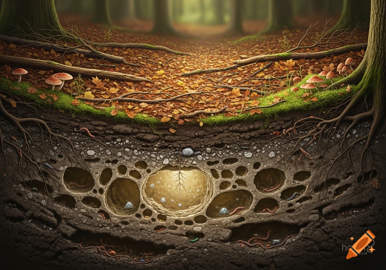 Detailed cross-section of a forest floor with tree roots, autumn leaves, mushrooms, soil layers, and underground tunnels with worms and insects.