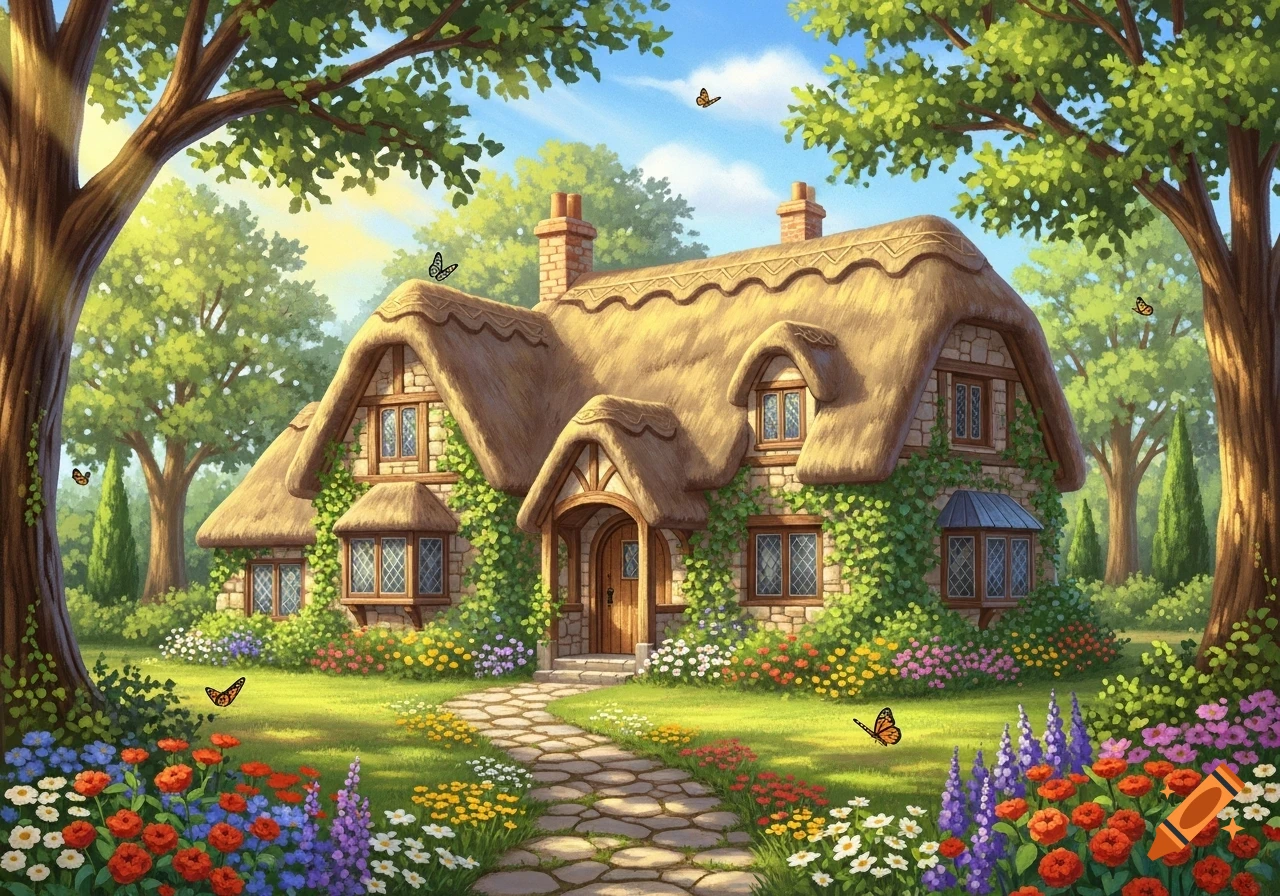 Illustrated fairytale cottage with a thatched roof, ivy, and stone walls, nestled in a vibrant flower garden with trees and butterflies.