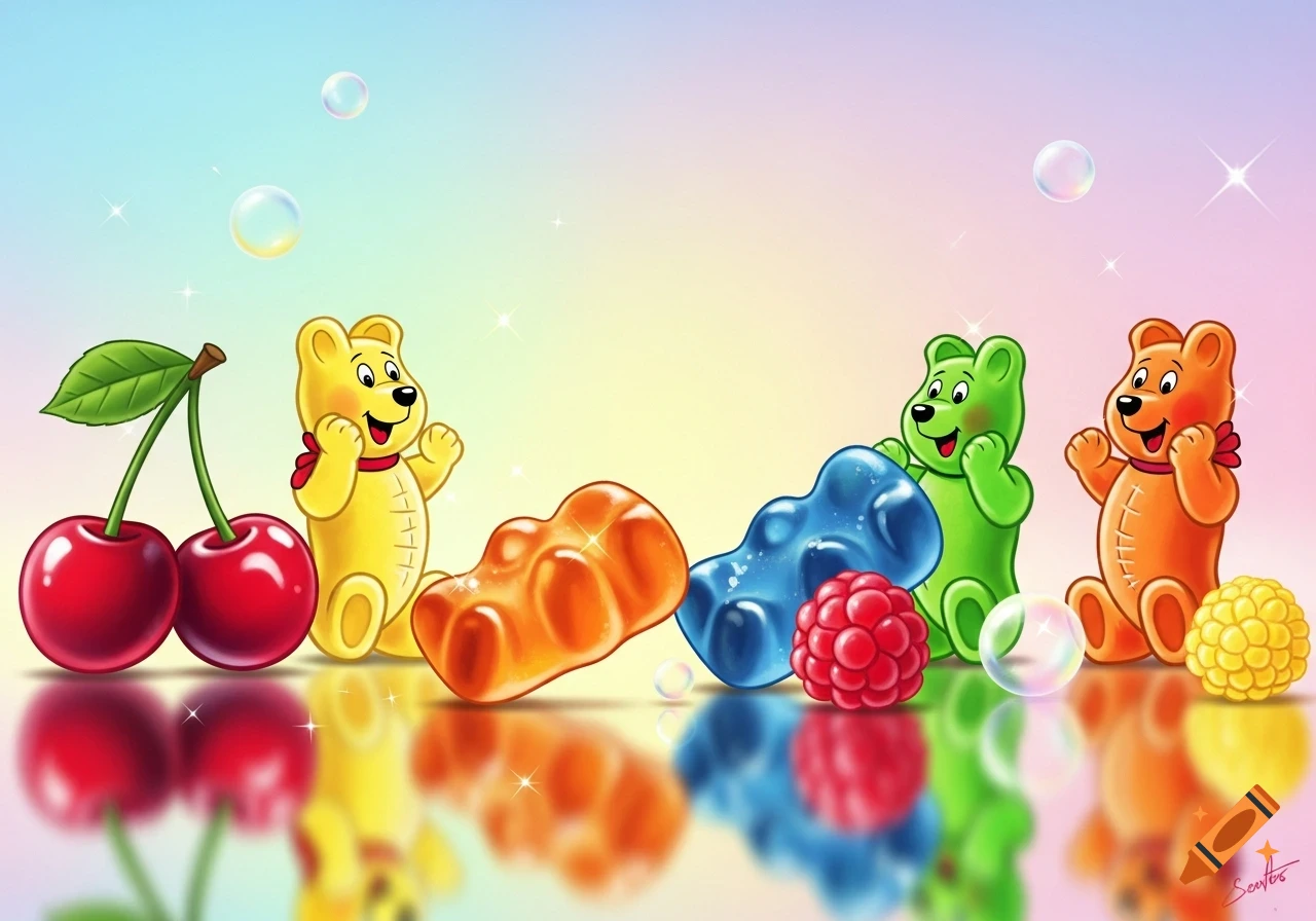 Colorful gummy bears, cherries, raspberries, and other candies on a reflective surface with a pastel background and bubbles in an illustration style.