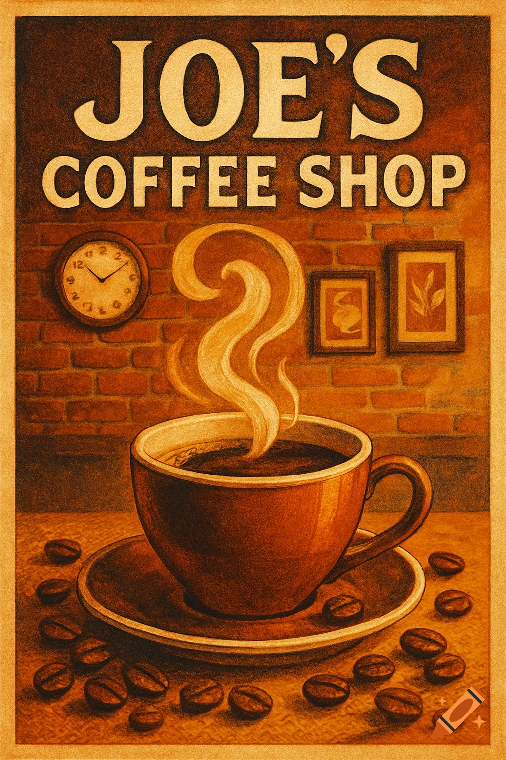 A vintage-style illustrative poster for Joe's Coffee Shop, featuring a steaming cup, coffee beans, and a brick wall.