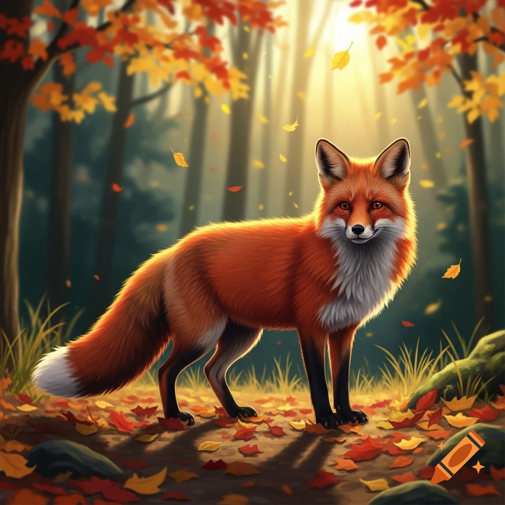 A vibrant red fox stands in an autumn forest with sunlight filtering through colorful falling leaves, digital art.