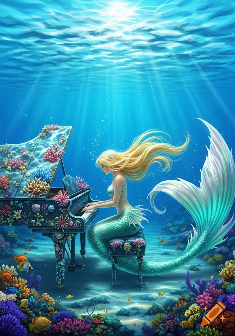 A blonde mermaid with a green tail plays an ornate piano on a vibrant coral reef underwater, with sunbeams filtering from above.