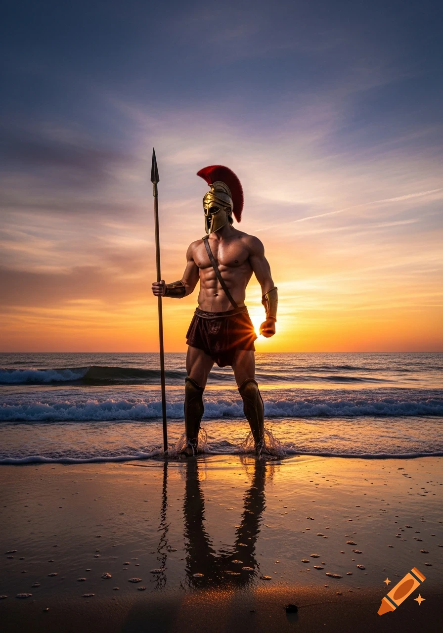 Photorealistic image of a muscular Spartan warrior in armor, holding a spear, standing in shallow ocean water on a beach at sunset.