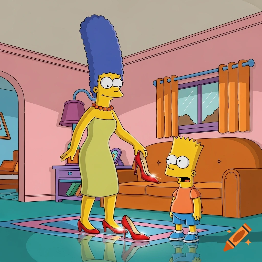 Marge Simpson, wearing a green dress and red heels, displays a stiletto to a stunned Bart Simpson in a cartoon living room.