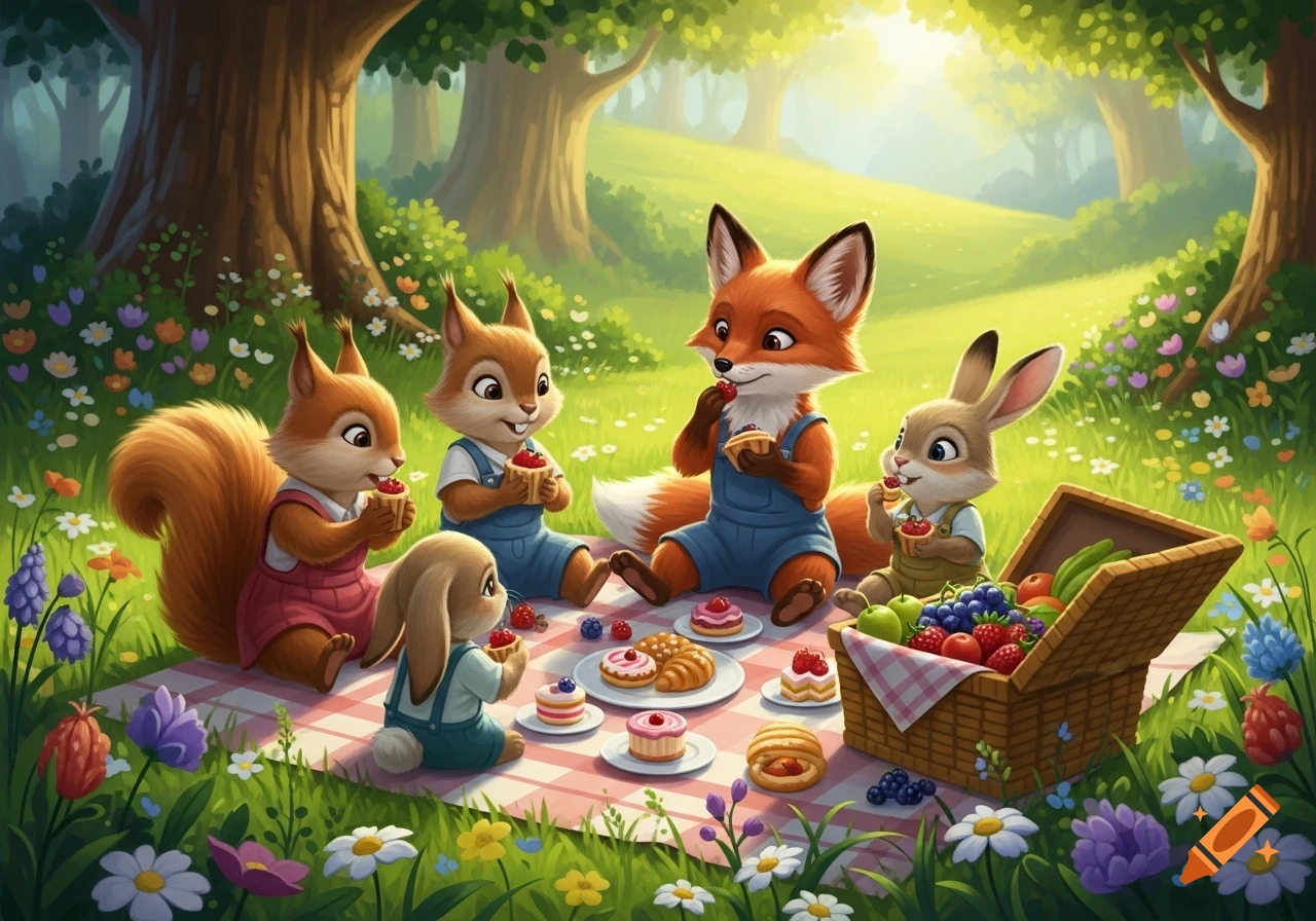 A group of anthropomorphic animals, including a fox, squirrels, and bunnies, enjoying a picnic with snacks in a bright, lush forest.