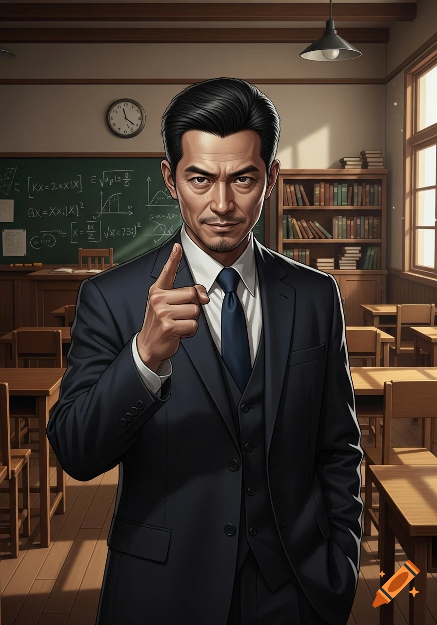 A stern Asian man in a dark suit and tie points a finger directly at the viewer in a classroom with a blackboard and bookshelves.
