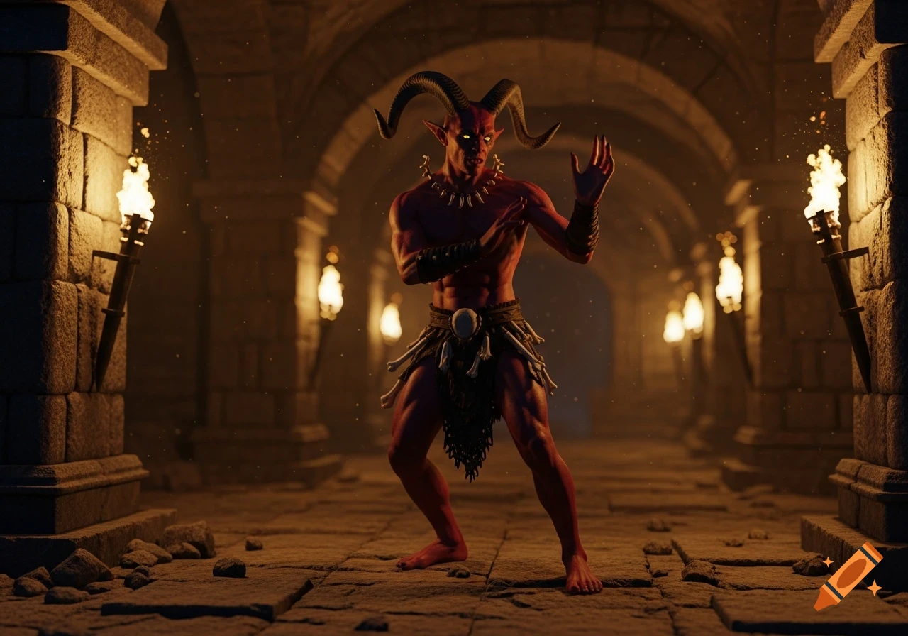 A muscular red-skinned demon with horns and glowing yellow eyes stands in a dark, torch-lit stone dungeon, wearing a bone skirt.