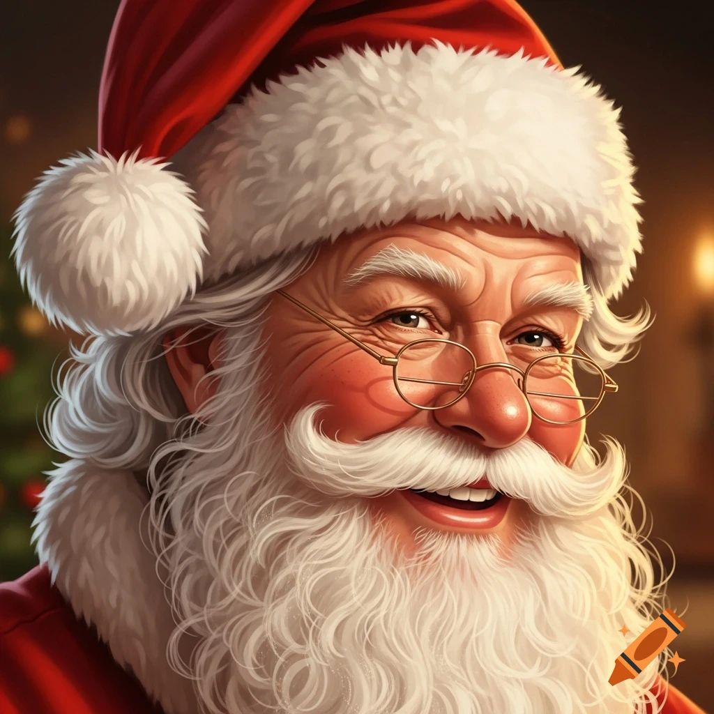 Ultra-realistic portrait of Santa Claus smiling, wearing wire-rimmed glasses, with a red hat and white beard.