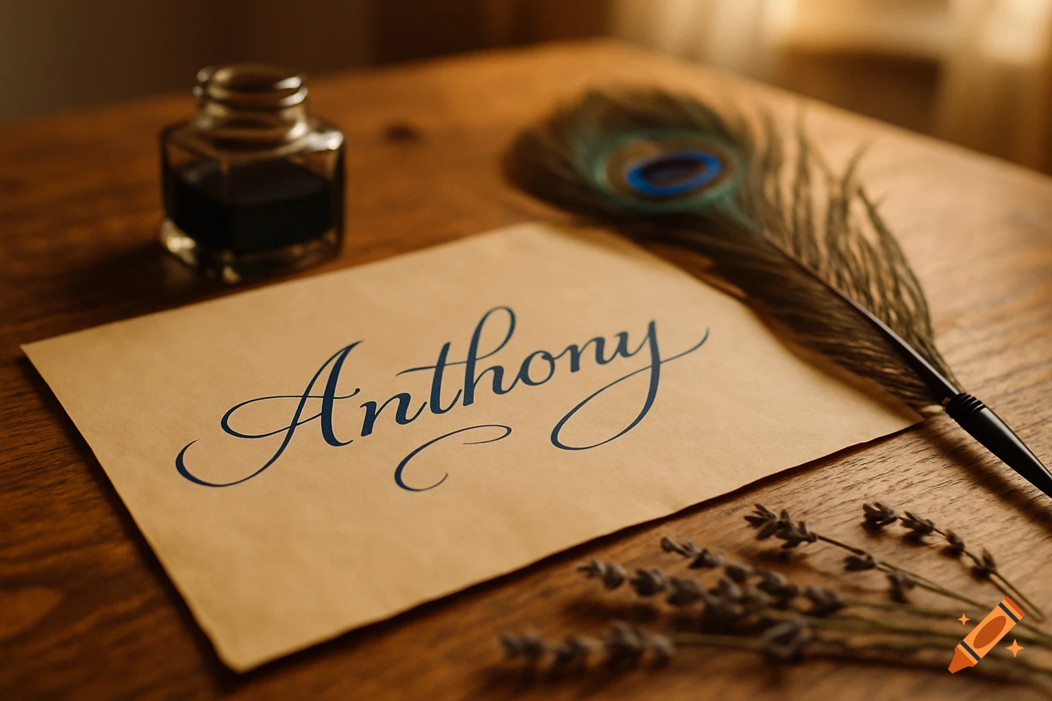 Brown paper with 'Anthony' in blue cursive, an inkwell, a peacock quill, and dried lavender on a wooden table.
