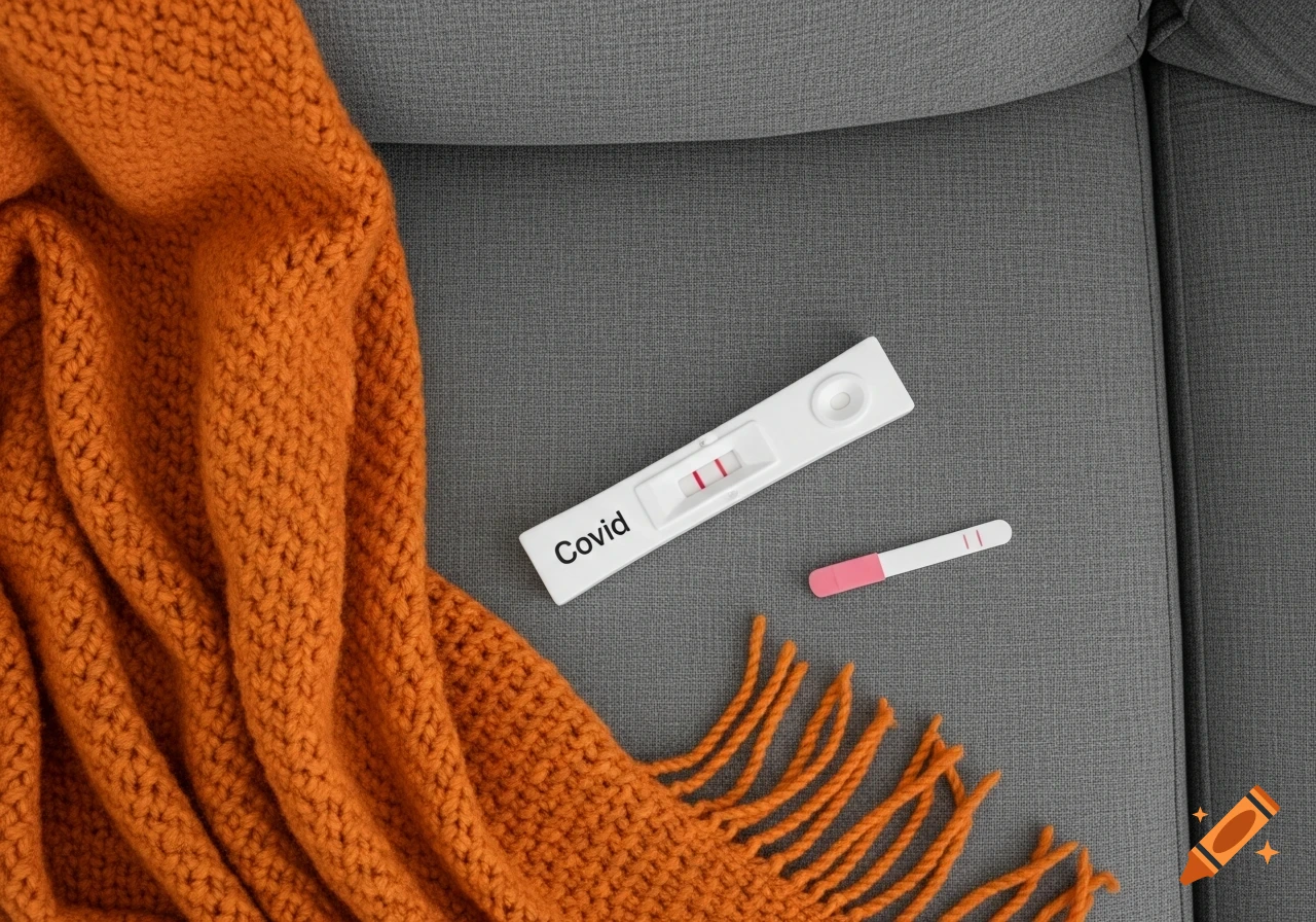 A top-down view of two COVID-19 rapid antigen tests, one showing positive results, on a grey sofa next to an orange knitted blanket.