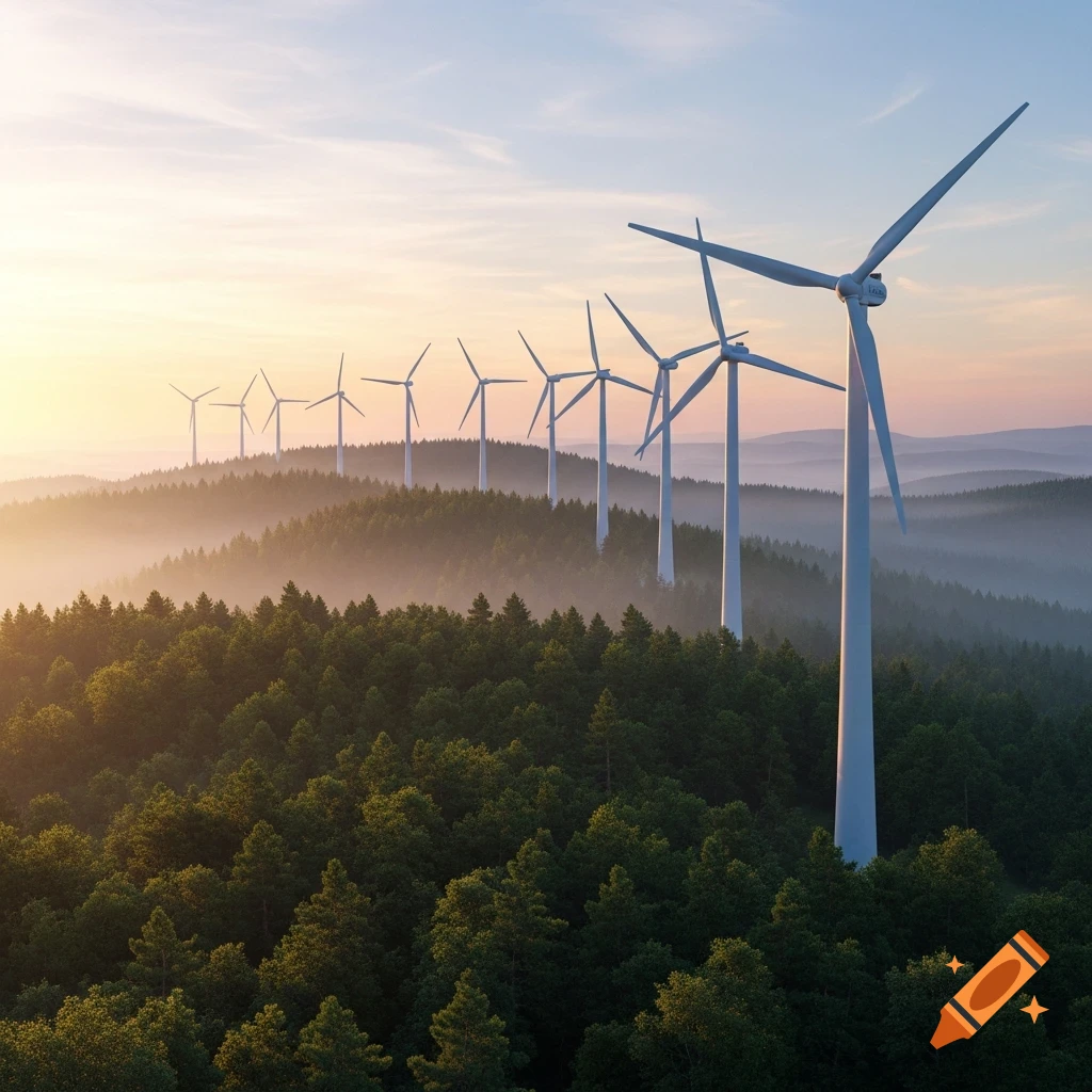 Wind turbines stand on a misty, forested ridge at sunrise or sunset, with a golden sky.
