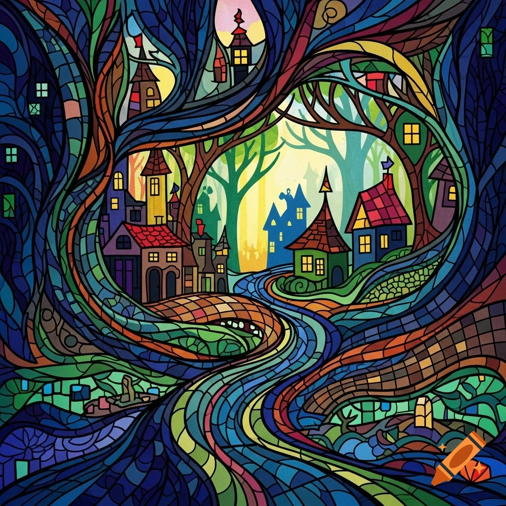 A vibrant, whimsical landscape rendered in a stained glass mosaic style, featuring colorful houses nestled among trees and a winding path or river.