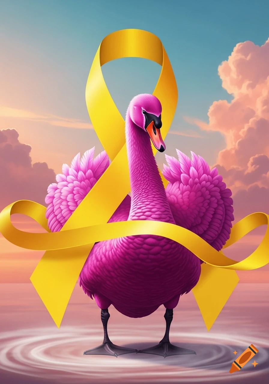 A vibrant pink swan with a large yellow awareness ribbon, standing in water against a cloudy sky. Stylized illustration.