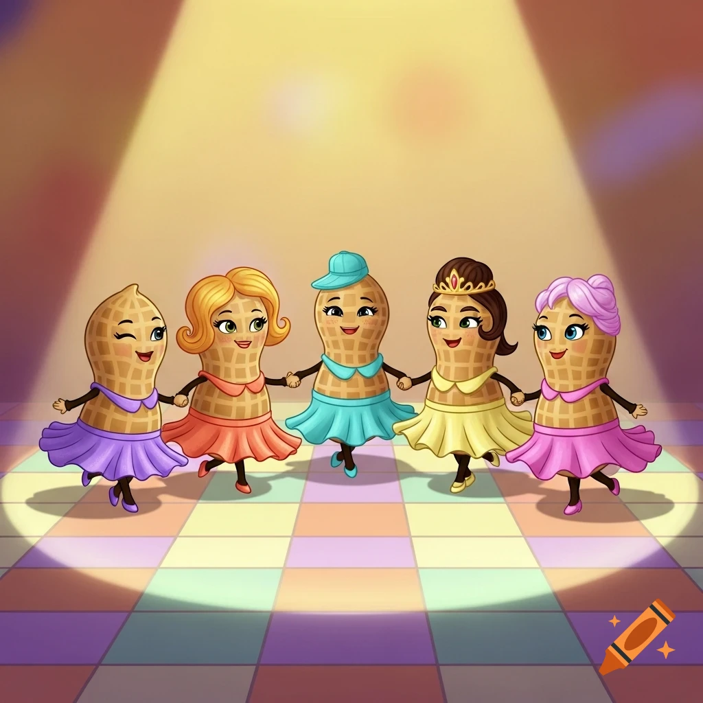 Five cartoon peanuts with faces and limbs, dressed in colorful skirts and a cap, hold hands and dance on a checkered floor under a spotlight.
