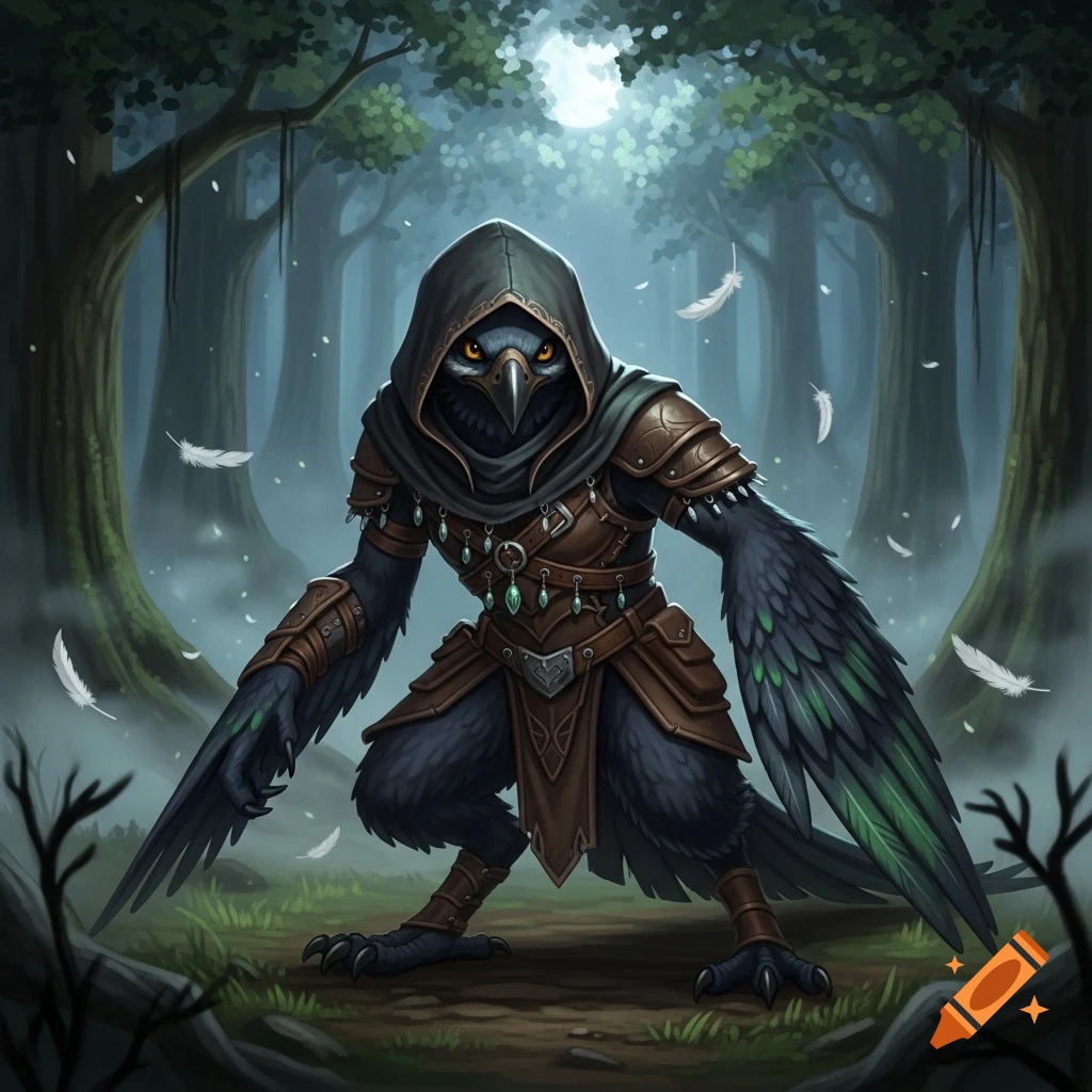 A hooded, bird-like fantasy creature (Kenku) in leather armor, with green-tipped wings, crouches in a moonlit forest as white feathers fall around it.
