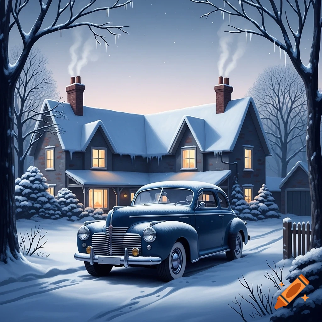 A snow-covered house with glowing windows and smoking chimneys, with a dark blue 1940s car parked in the snowy driveway amidst bare trees.