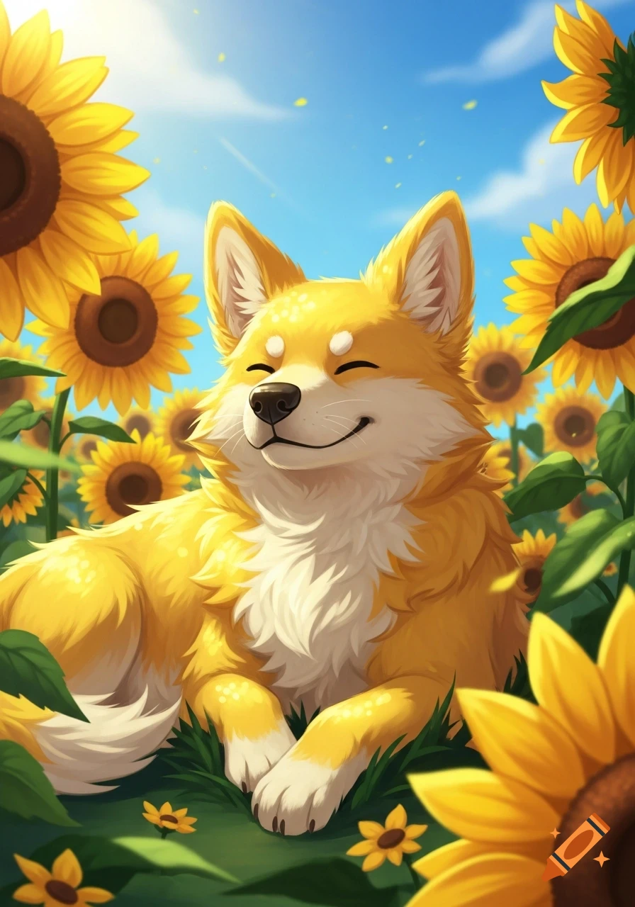 A cheerful cartoon yellow dog lies happily in a vibrant field of sunflowers under a bright blue sky, stylized art.