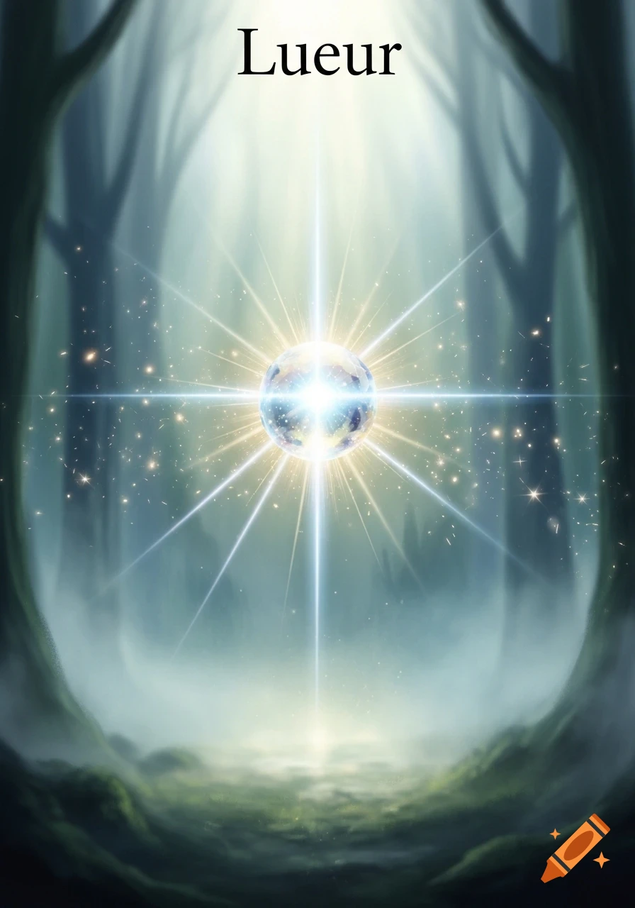 A mystical forest scene featuring a bright, multifaceted orb emitting light rays in a misty clearing, with dark tree silhouettes and the word 'Lueur' at the top.