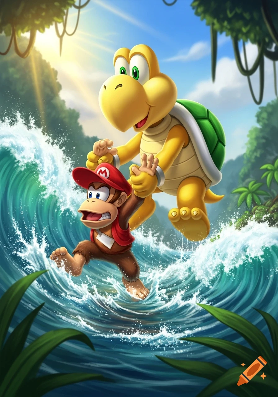 A vibrant illustration of a Koopa Troopa helping Diddy Kong out of a large ocean wave in a sunny jungle.