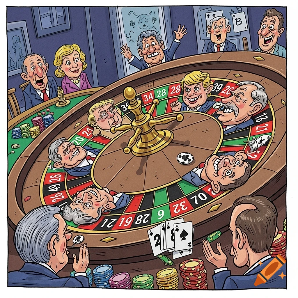 Political cartoon of caricatures of politicians (including Trump, Clinton, Biden) depicted as heads on a roulette wheel, with others watching.