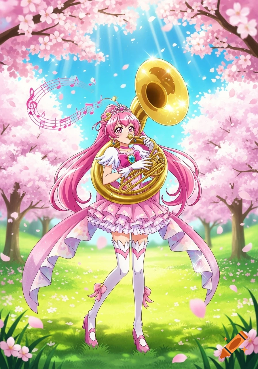 An anime girl with long pink hair and a frilly pink dress plays a golden sousaphone in a cherry blossom field, with musical notes floating around her.