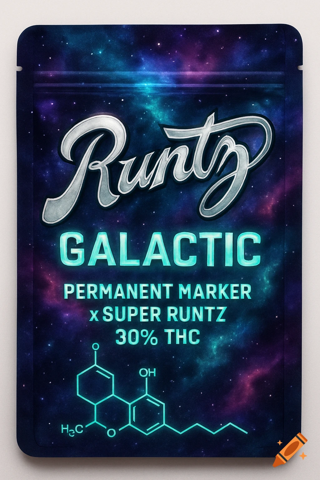 Cosmic-themed product pouch labeled Runtz Galactic, 30% THC, with a chemical structure and starry background.