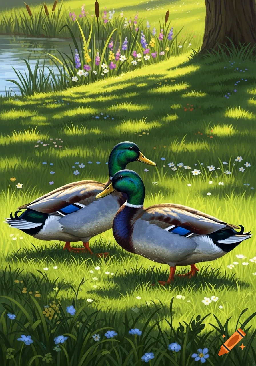 Two colorful mallard ducks stand in a sunny, grassy field filled with wildflowers next to a calm pond, illustrated art.