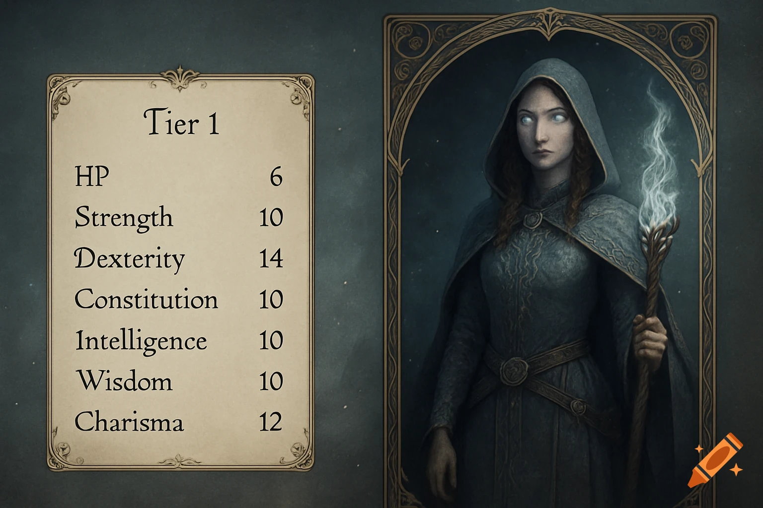A fantasy video game status screen featuring a cloaked female character with white eyes and a glowing staff, alongside a detailed stats panel.