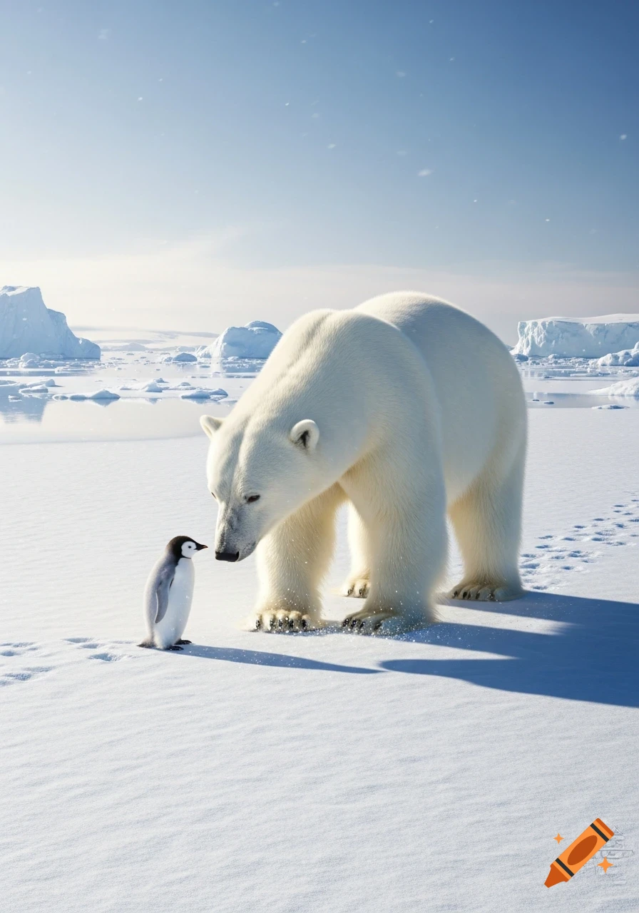 A large polar bear gently looks at a small baby penguin in a vast, snowy arctic landscape with icebergs, photorealistic.