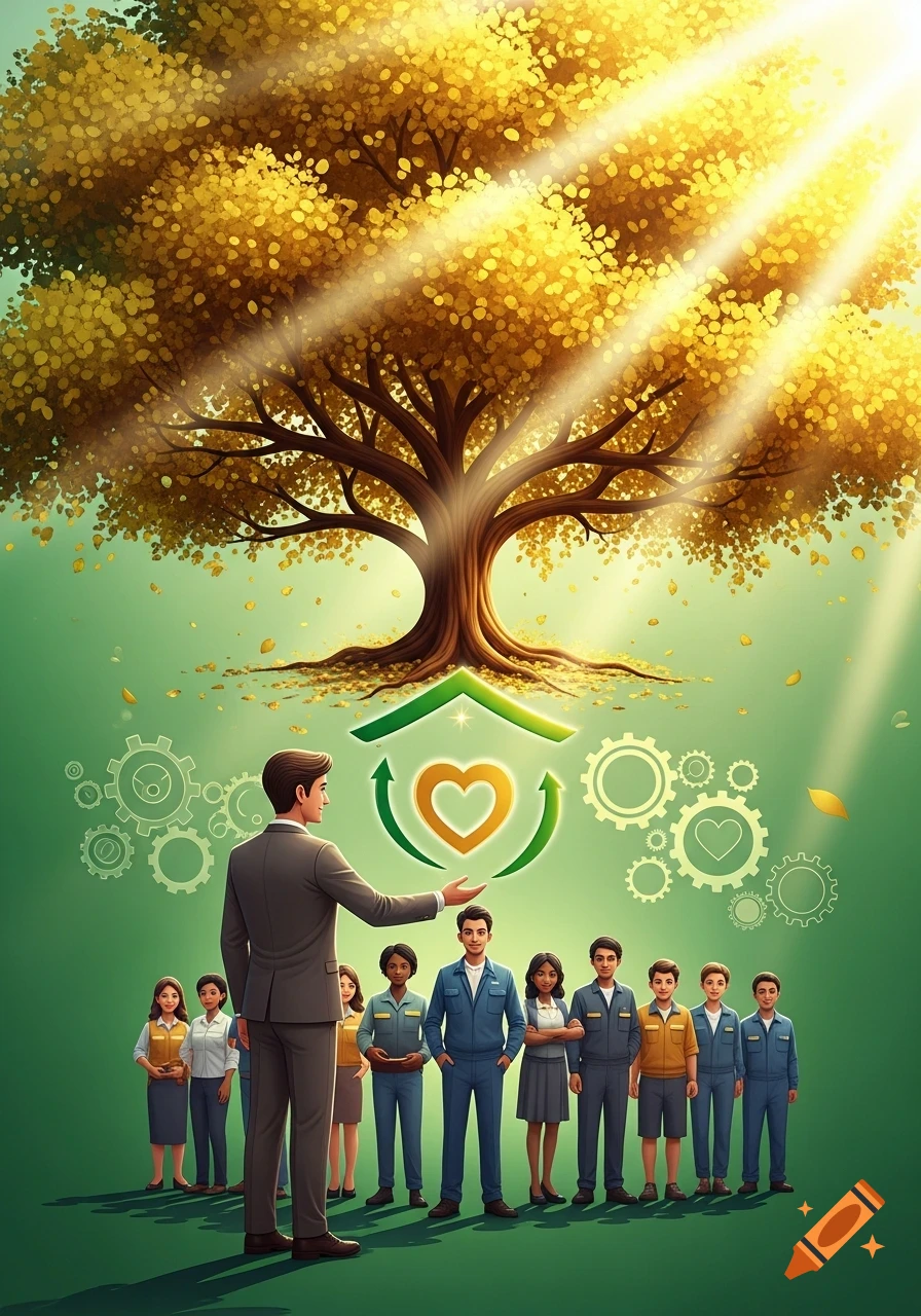 Illustrative scene of a business leader and diverse workers under a glowing golden tree, with symbols of care and industry.