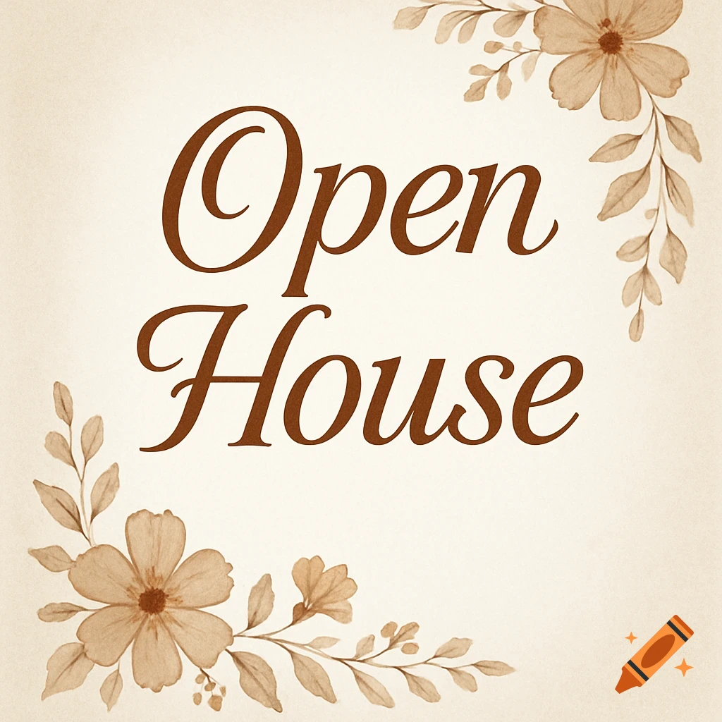 The words "Open House" in a brown cursive font, centered on a light beige textured background, with watercolor-style brown floral branches in the corners.