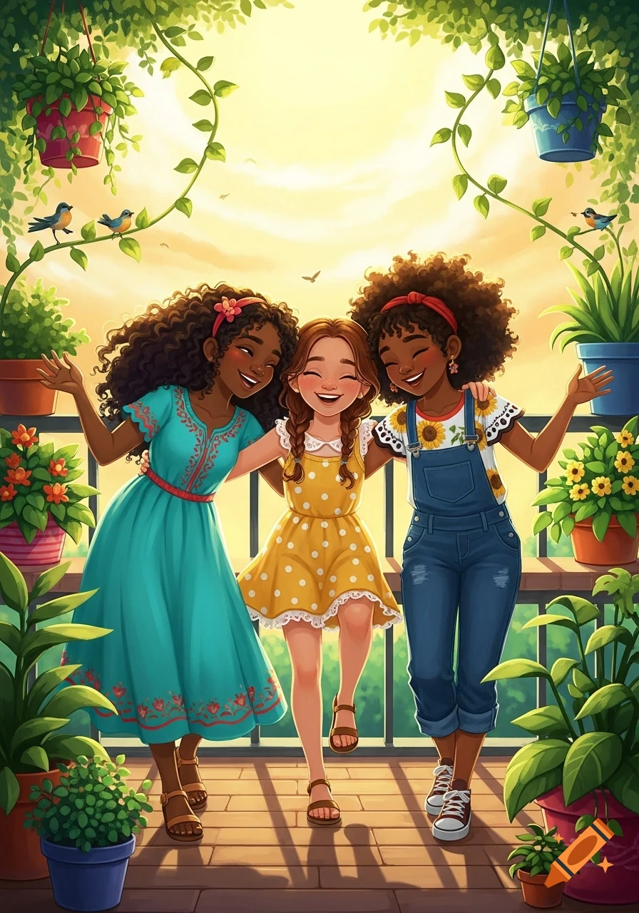 Three diverse girls smile and hug on a vibrant, plant-filled balcony under a bright sky, in a cheerful illustration style.