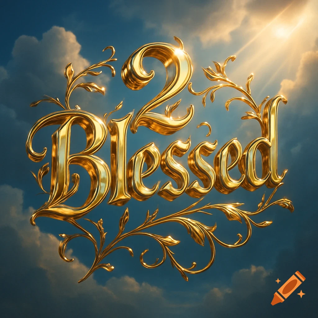 Shiny golden ornate text '2 Blessed' framed by swirling leaves against a blue sky with clouds and a sunbeam.