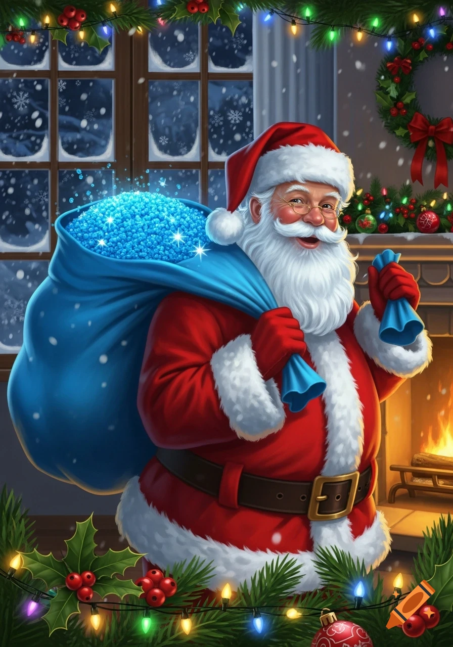An illustration of Santa Claus smiling, carrying a large blue sack filled with sparkling blue cat litter in a festive room with a snowy window and fireplace.